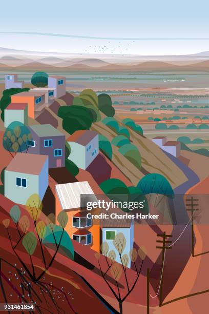 houses and natural landscape on a mountain illustration - charles harker ストックフォトと画像