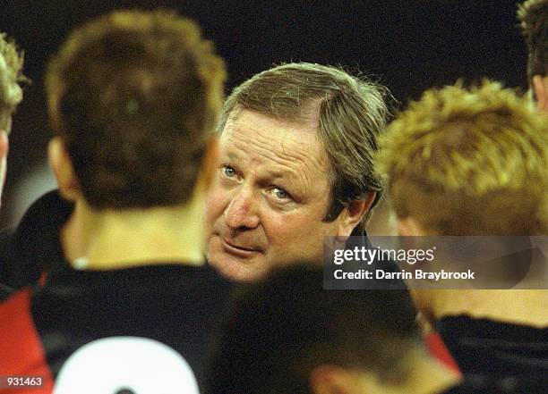 Kevin Sheedy coach for Essendon, addresses his players, during the match between the Essendon Bombers and the Adelaide Crows, during round 11 of the...