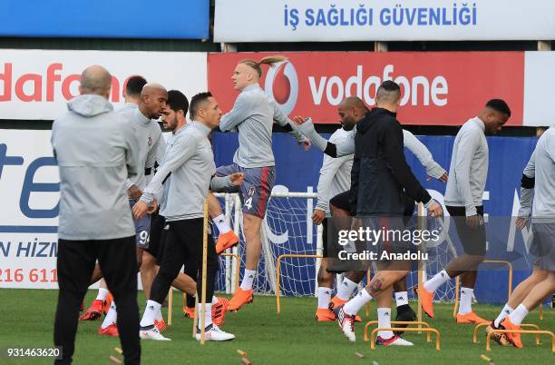 Anderson Talisca , Adriano Correia , Domagoj Vida and Cyle Larin attend a training session ahead of the round of 16 Champions League return match...