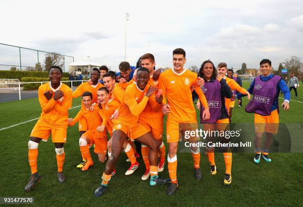 Porto celebrate victory following the UEFA Youth League group H match between Tottenham Hotspur and FC Porto at on March 13, 2018 in Enfield, United...