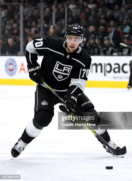 Tanner Pearson of the Los Angeles Kings takes control of the puck against the Washington Capitals at Staples Center on March 8, 2018 in Los Angeles,...