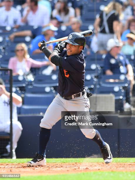 Alexi Amarista of the Detroit Tigers bats during the Spring Training game against the New York Yankees at George M. Steinbrenner Field on February...