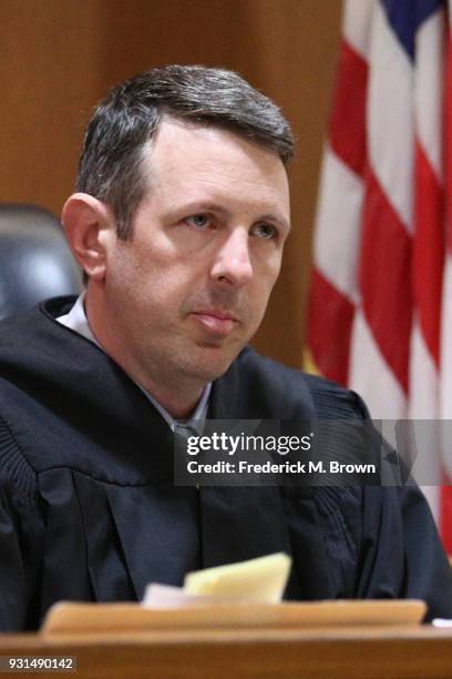 Commissioner Derek Malan speaks during a hearing stemming from domestic violence accusations against Heather Locklear at the Superior Court of...