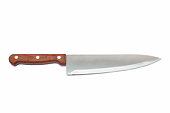 Sharp bladed kitchen knife with brown wooden handle