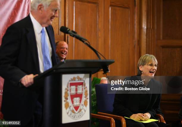 Interim President of Harvard University Derek Bok makes President Elect Drew Gilpin Faust laugh with his remarks about the position of the Harvard...