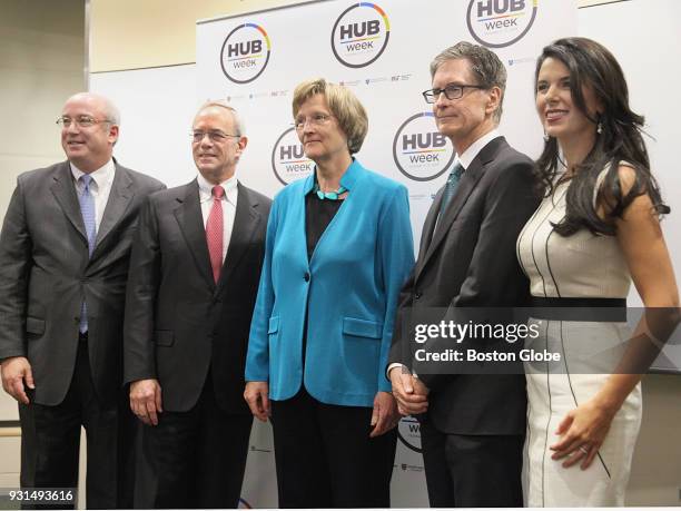 From left, sponsors of HUBweek including MGH President Peter L. Slavin; MIT President L. Rafael Reif; Harvard University President Drew Gilpin Faust;...