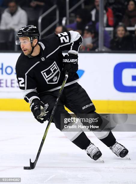 Trevor Lewis of the Los Angeles Kings turns with the puck during the game against the St. Louis Blues at Staples Center on March 10, 2018 in Los...