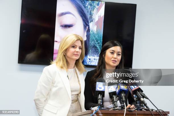 Andrea Buera , who is accusing Trey Songz of assaulting her, speaks during a press conference with her attorney Lisa Bloom at The Bloom Firm on March...