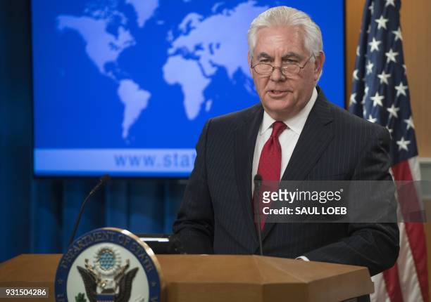 Rex Tillerson, outgoing US Secretary of State makes a statement after his dismissal at the State Department in Washington, DC, March 13, 2018....