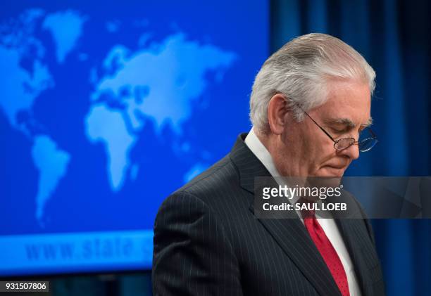 Rex Tillerson, outgoing US Secretary of State makes a statement after his dismissal at the State Department in Washington, DC, March 13, 2018....