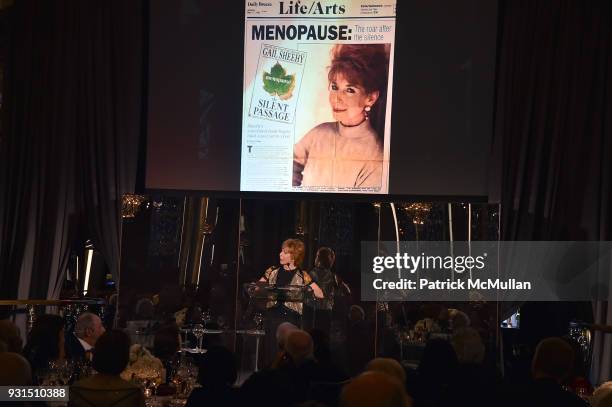 Gail Sheehy speaks at the Guild Hall's 33rd Annual Academy of the Arts Awards at The Rainbow Room on March 5, 2018 in New York City.
