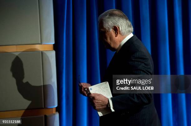 Rex Tillerson, outgoing US Secretary of State leaves after making a statement after his dismissal at the State Department in Washington, DC, March...