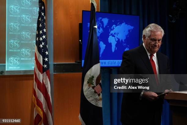 Outgoing U.S. Secretary of State Rex Tillerson leaves after he made a statement on his departure from the State Department March 13, 2018 at the...