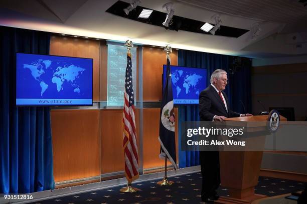 Outgoing U.S. Secretary of State Rex Tillerson pauses as he makes a statement on his departure from the State Department March 13, 2018 at the State...