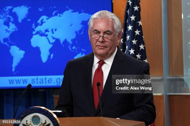 Outgoing U.S. Secretary of State Rex Tillerson makes a statement on his departure from the State Department March 13, 2018 at the State Department in...
