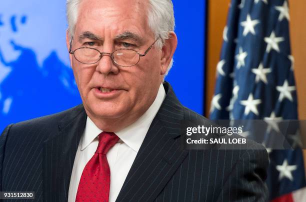 Rex Tillerson, outgoing US Secretary of State makes a statement after his dismissal at the State Department in Washington, DC, March 13, 2018....