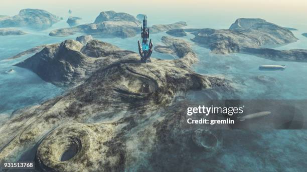 exo planetary island with alien colonization basecamp - colonization stock pictures, royalty-free photos & images