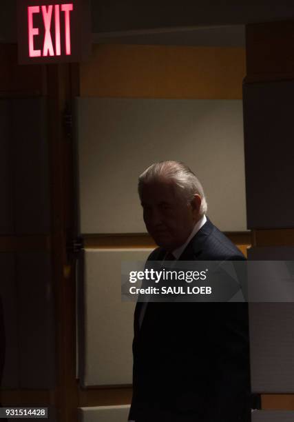 Rex Tillerson, outgoing US Secretary of State arrives to makes a statement after his dismissal at the State Department in Washington, DC, March 13,...