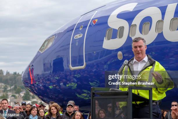 Boeing Commercial Airplanes president and CEO Kevin McAllister speaks to employees during an event to celebrate the 10,000th 737 aircraft, a 737 MAX...