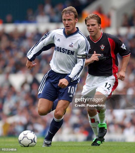 Teddy Sheringham of Tottenham Hotspur and Anders Svensson of Southampton in action during the FA Barclaycard Premiership match between Tottenham...