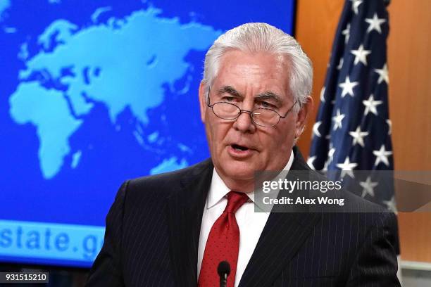 Outgoing U.S. Secretary of State Rex Tillerson makes a statement on his departure from the State Department March 13, 2018 at the State Department in...