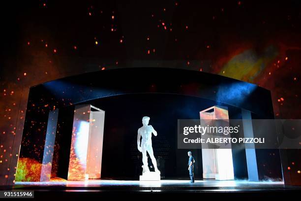 Picture show visual effects during a rehearsal of the show Universal Judgment: Michelangelo and the Secrets of the Sistine Chapel, directed by Marco...