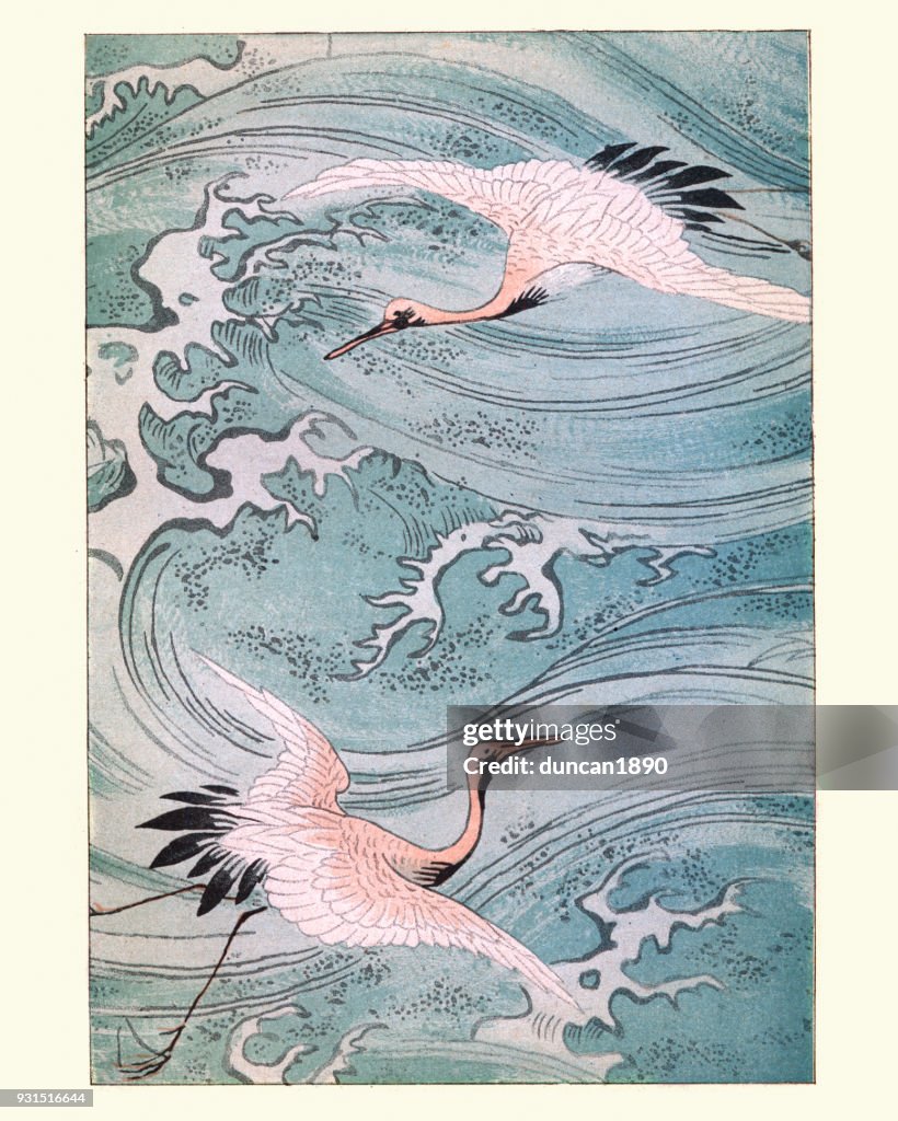 Japanische Kunst, Störche fliegen über Wasser