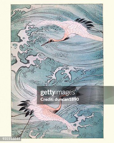 Japanese art, Storks Flying over water Japanese art, Storks Flying over water