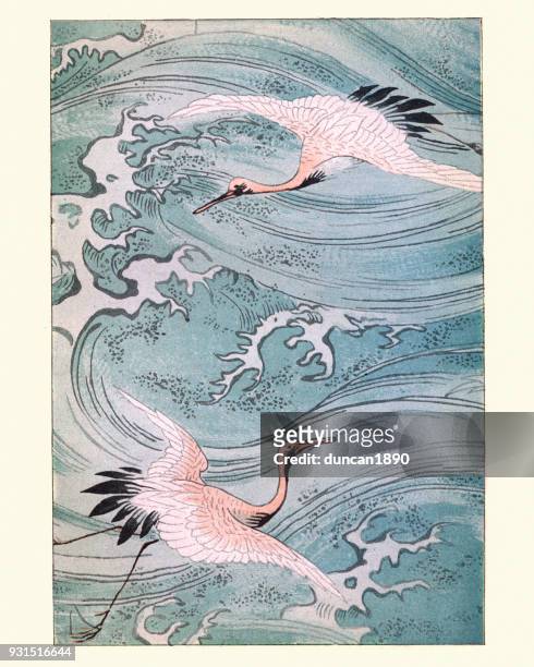 japanese art, storks flying over water - japanese culture stock illustrations