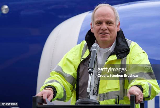 Boeing Commercial Airplanes vice president and general manager of the 737 program Scott Campbell speaks to employees during the celebration of the...