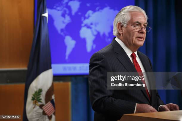 Outgoing U.S. Secretary of State Rex Tillerson delivers remarks at the State Department in Washington, D.C., U.S. On Tuesday, March 13, 2018....