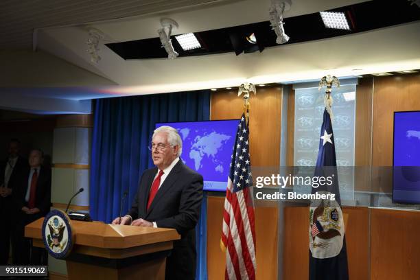 Outgoing U.S. Secretary of State Rex Tillerson delivers remarks at the State Department in Washington, D.C., U.S. On Tuesday, March 13, 2018....