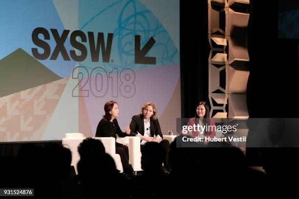 Dr. Fei-Fei Li, Megan Smith, and Joanne Chen speak onstage at Democratizing AI for Individuals & Organizations during SXSW at Austin Convention...