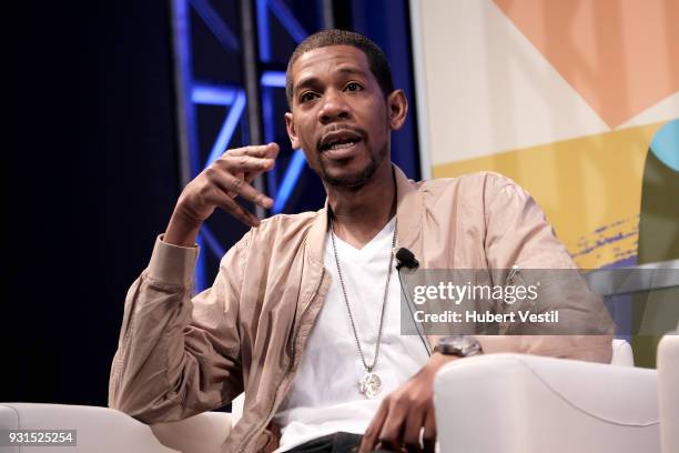 Young Guru speaks onstage at Music Tech: A Gateway to Awaken America's Youth with Young Guru during SXSW at Austin Convention Center on March 13,...