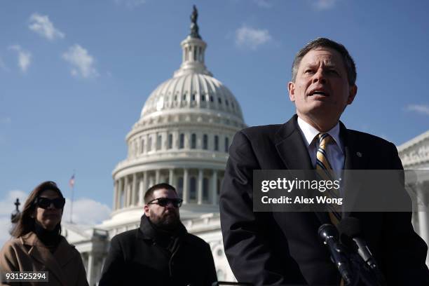 Sen. Steve Daines speaks during a news conference in front of the U.S. Capitol March 13, 2018 in Washington, DC. Sen. Daines held a news conference...