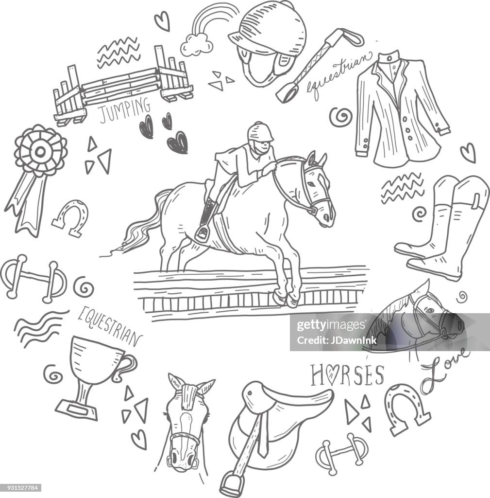 Cute set of hand drawn equestrian horse rider elements