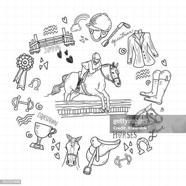 cute set of hand drawn equestrian horse rider elements - riding boot stock illustrations