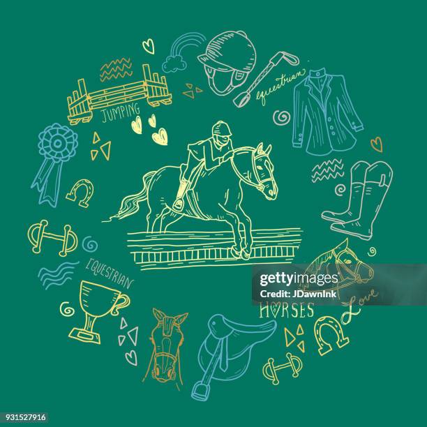 stockillustraties, clipart, cartoons en iconen met leuke set hand getrokken paardensport horse rider elementen - paardenbit