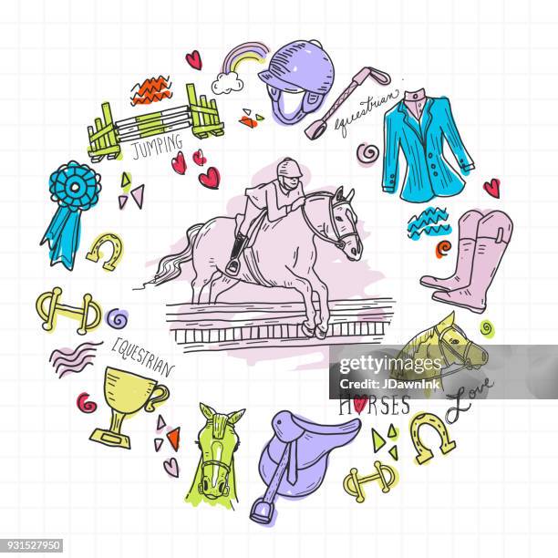 ilustrações de stock, clip art, desenhos animados e ícones de cute set of hand drawn equestrian horse rider elements - rebenque