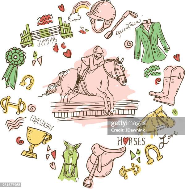 cute set of hand drawn equestrian horse rider elements - riding habit stock illustrations