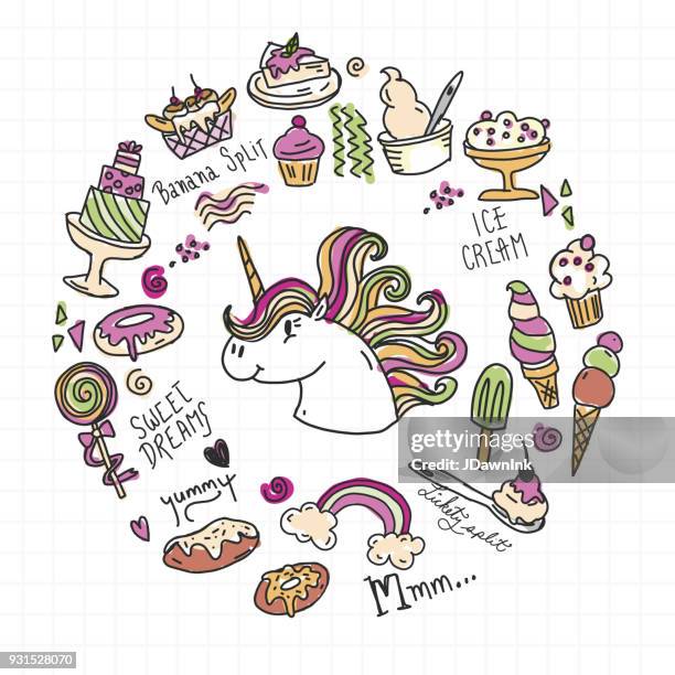 set of happy sugar sweet treats with unicorn - banana split stock illustrations