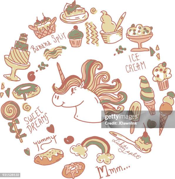 set of happy sugar sweet treats with unicorn - banana split stock illustrations