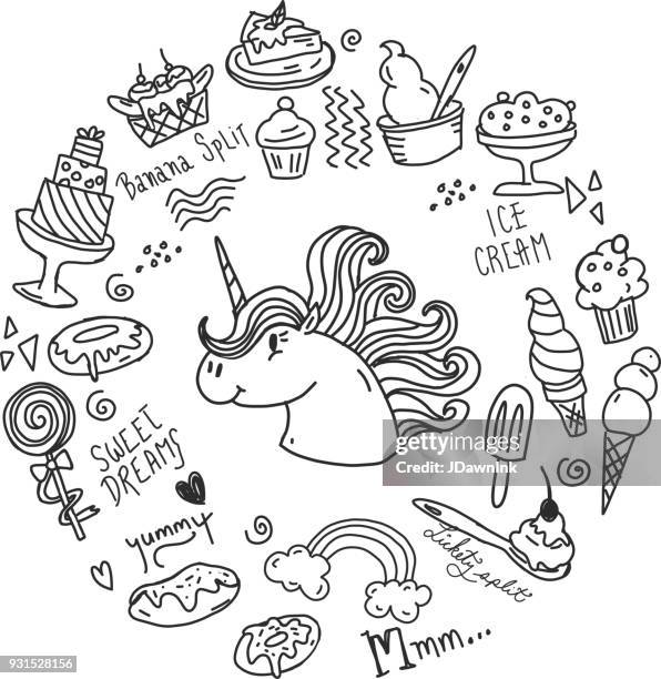 set of happy sugar sweet treats with unicorn - banana split stock illustrations