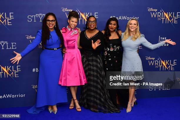 Left to right, Ava DuVernay, Storm Reid, Oprah Winfrey, Mindy Kaling and Reese Witherspoon attending the A Wrinkle In Time European Premiere held at...