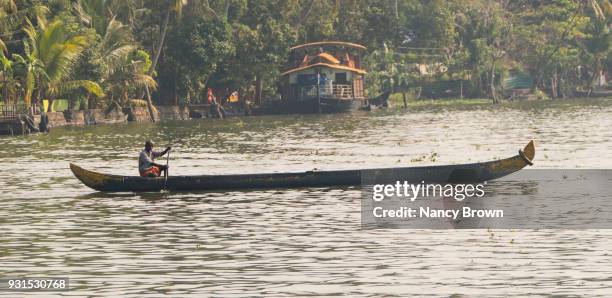 traditional indian man in indian snake boat in kerala backwaters in s. india. - kerala snake boat stock pictures, royalty-free photos & images