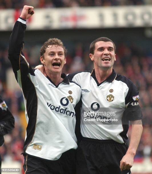 Ole Gunnar Solskjaer of Manchester United celebrates with Roy Keane after scoring the second goal during the FA Barclaycard Premiership match between...