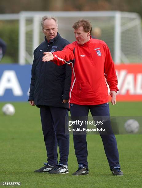 Manager Sven Goran Eriksson with assistant manager Steve McClaren during the England squad's training session at Bisham Abbey near Marlow on February...