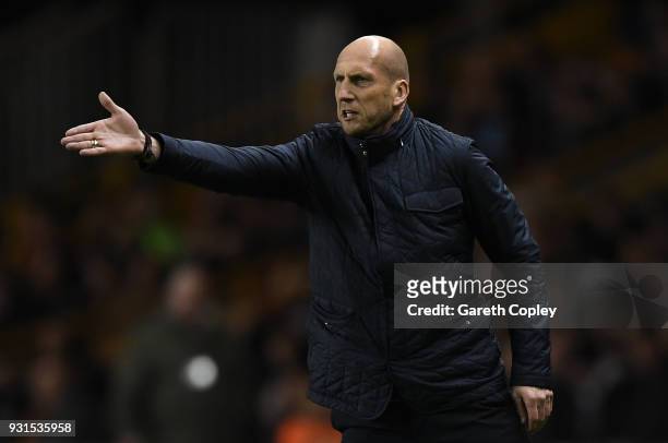 Jaap Stam of Reading gives out instructions to his players during the Sky Bet Championship match between Wolverhampton Wanderers and Reading at...