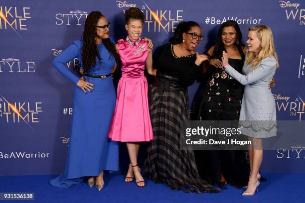 Director Ava DuVernay, Storm Reid, Oprah Winfrey, Mindy Kaling and Reese Witherspoon attend the European Premiere of 'A Wrinkle In Time' at BFI IMAX...