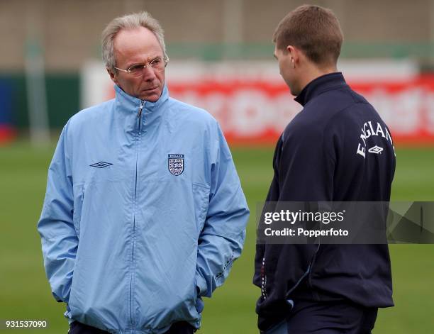 England coach Sven Goran Erikkson talks with Steven Gerrard during an England training session at Aylesbury FC in Aylesbury, England on November 19,...